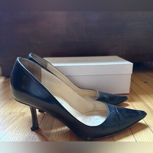 Jimmy Choo black leather high heel pumps.Heel Height approx 3”. Gently worn.